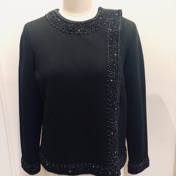VINTAGE EVENING JACKET / TOP Black w Bead Work Heavy Knit One Of A Kind Vintage - Picture 6 of 10